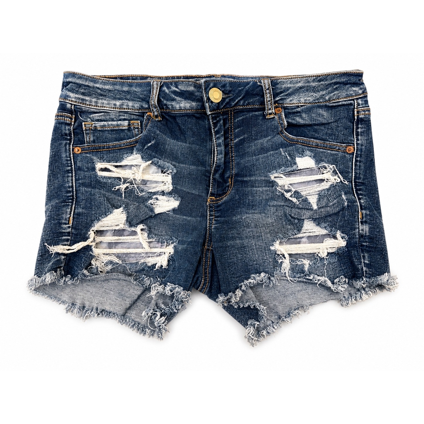 American Eagle Super Stretch Midi Distressed Denim Shorts Blue Womens 14